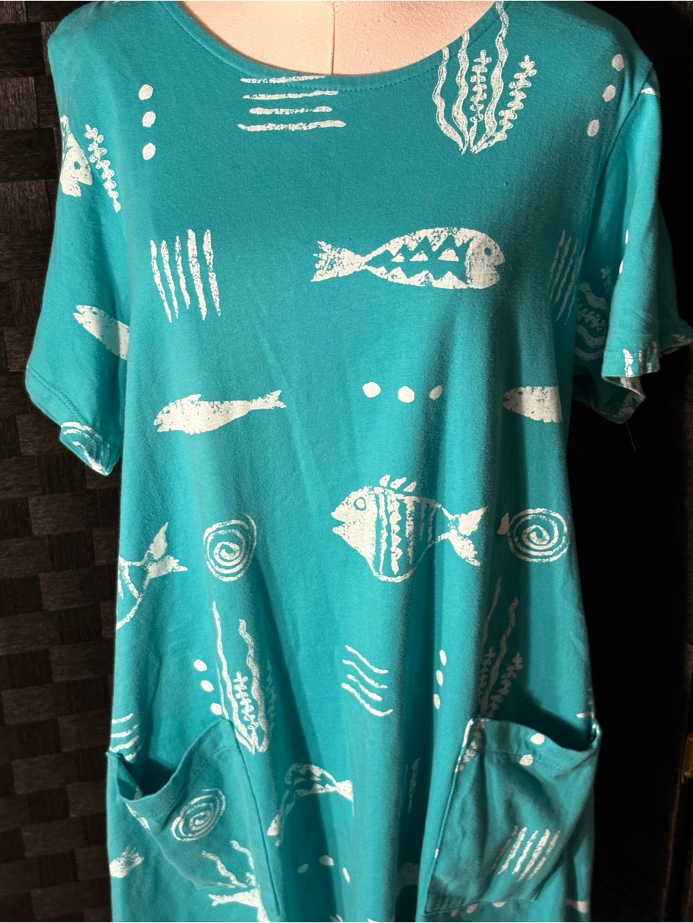 Cactus Turquoise Fish-Print Cotton Short Sleeve Pocketed Shift Dress nautical - Picture 2 of 6